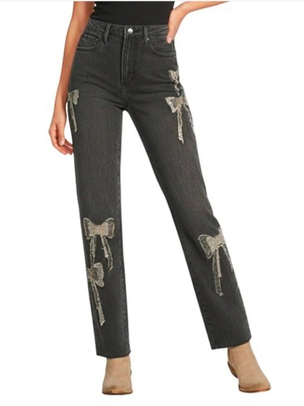 Driftwood Royce Bow Appliqué Jeans in Gray Wash SZ 29 NWT